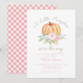 En liten pumpa baby shower blommig och rosa rutig inbjudningar