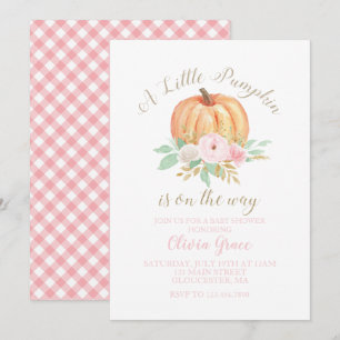 En liten pumpa baby shower blommig och rosa rutig inbjudningar