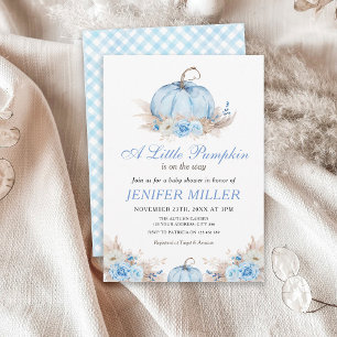 En liten pumpa blå baby shower inbjudningar