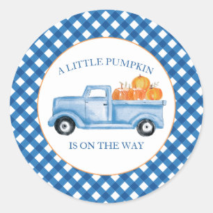 En liten pumpa blå lastbil höst baby shower runt klistermärke
