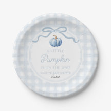 En liten pumpa blå rosett höst baby shower