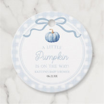 En liten pumpa blå rosett höst baby shower