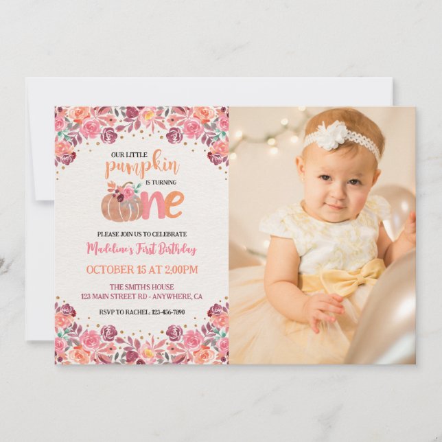 En liten pumpa boho blommande 1-års fotobild inbjudningar (Framsida)