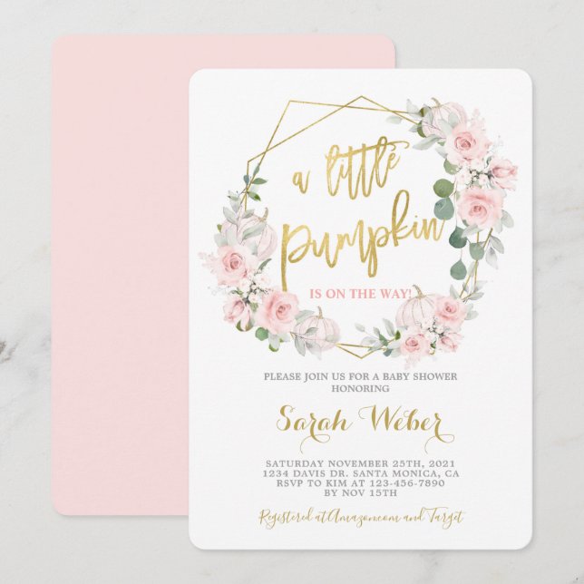 En liten pumpa Fall  rosa babydusch Inbjudningar (Fram/baksida)