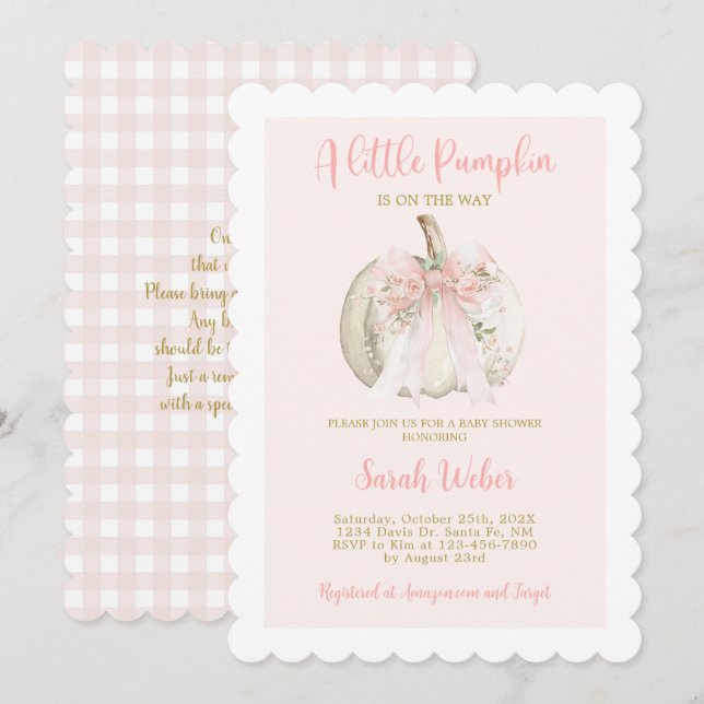 En liten pumpa gingham höst baby shower flicka inbjudningar (Fram/baksida)