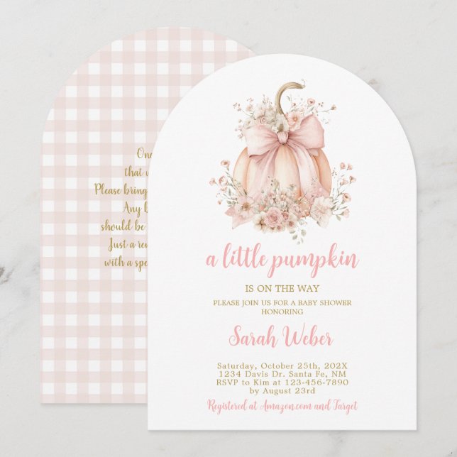 En liten pumpa gingham höst baby shower flicka inbjudningar (Fram/baksida)