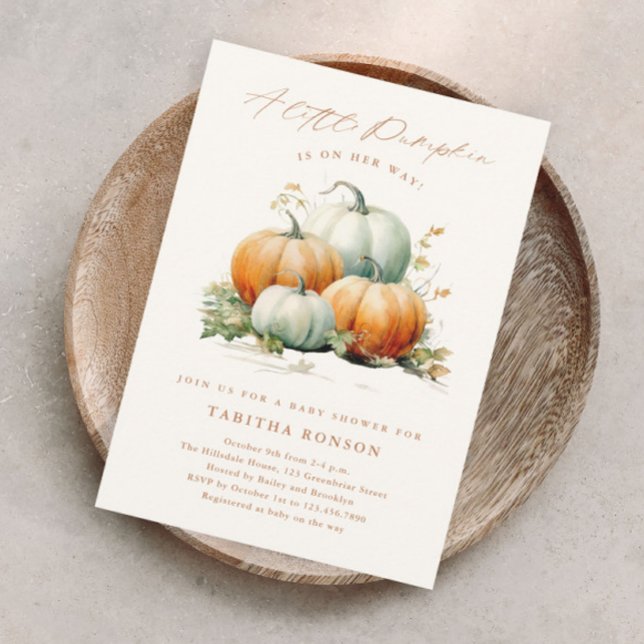 En liten pumpa höst baby shower magnetisk inbjudningskort (A fall gender neutral baby shower magnetic invitation with handwritten little pumpkin script.)