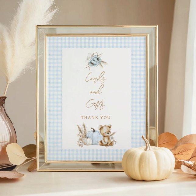 En liten pumpa höst blå Gingham Bordsskylt Poster (A Little Pumpkin Blue Gingham Fall Baby Shower Tabletop Sign)