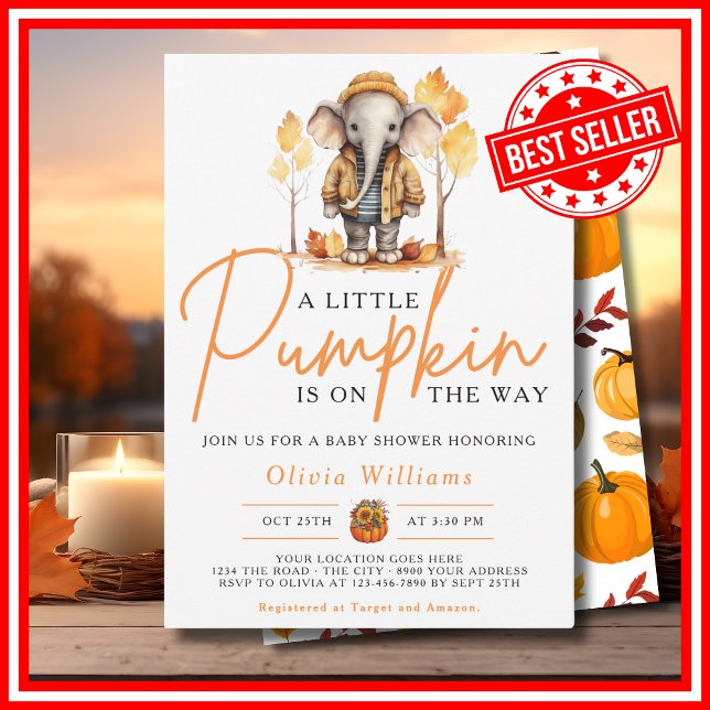 En liten pumpa höst ELEFANT Babyfirande Inbjudningar (A Little Pumpkin is on the Way Fall Autumn CUTE ELEPHANT Baby Shower Invitation)