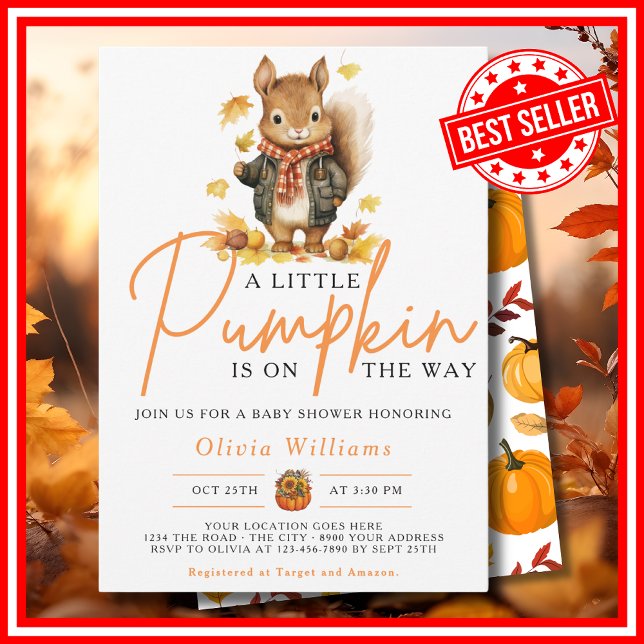 En Liten Pumpa Höst Höst EKORRE Baby Shower Inbjudningar (A Little Pumpkin is on the Way Fall Autumn Squirrel Baby Shower Invitation)