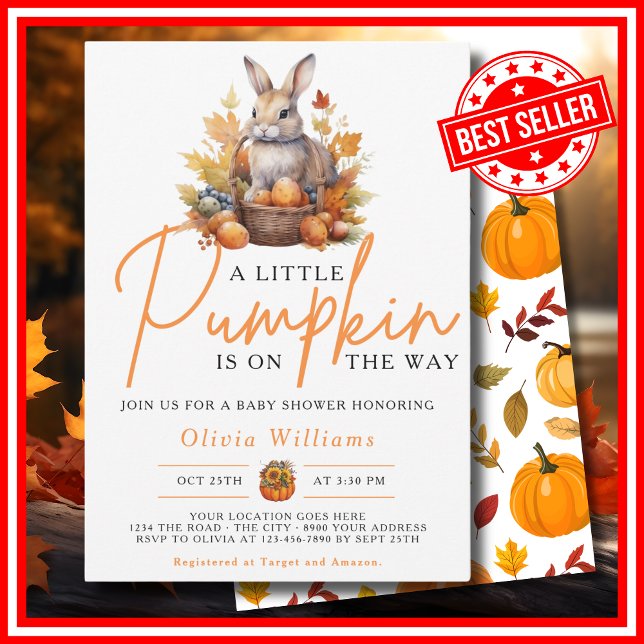 En liten pumpa höst höst KANIN Bebis-bad Inbjudningar (A Little Pumpkin is on the Way Fall Autumn CUTE BUNNY RABBIT Baby Shower Invitation)