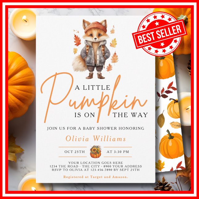 En liten pumpa Höst Höst RÖD RÄV Bebis badrum Inbjudningar (A Little Pumpkin is on the Way Fall Autumn RED FOX Baby Shower Invitation)