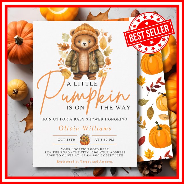 En liten pumpa höst höst SÖT BJÖRN Bebis badrum Inbjudningar (A Little Pumpkin is on the Way Fall Autumn CUTE BEAR Baby Shower Invitation)