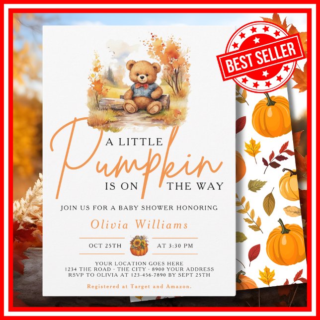 En liten pumpa höst höst SÖT BJÖRN Bebis badrum Inbjudningar (A Little Pumpkin is on the Way Fall Autumn CUTE BEAR Baby Shower Invitation)