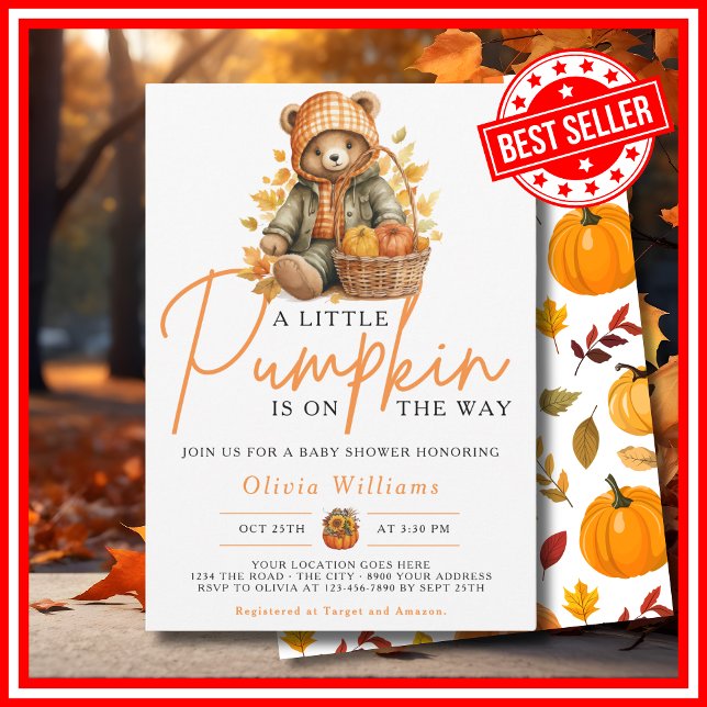 En liten pumpa höst höst SÖT BJÖRN Bebis badrum Inbjudningar (A Little Pumpkin is on the Way Fall Autumn CUTE BEAR Baby Shower Invitation)