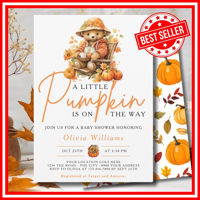 En liten pumpa höst höst SÖT BJÖRN Bebis badrum Inbjudningar (A Little Pumpkin is on the Way Fall Autumn CUTE BEAR Baby Shower Invitation)