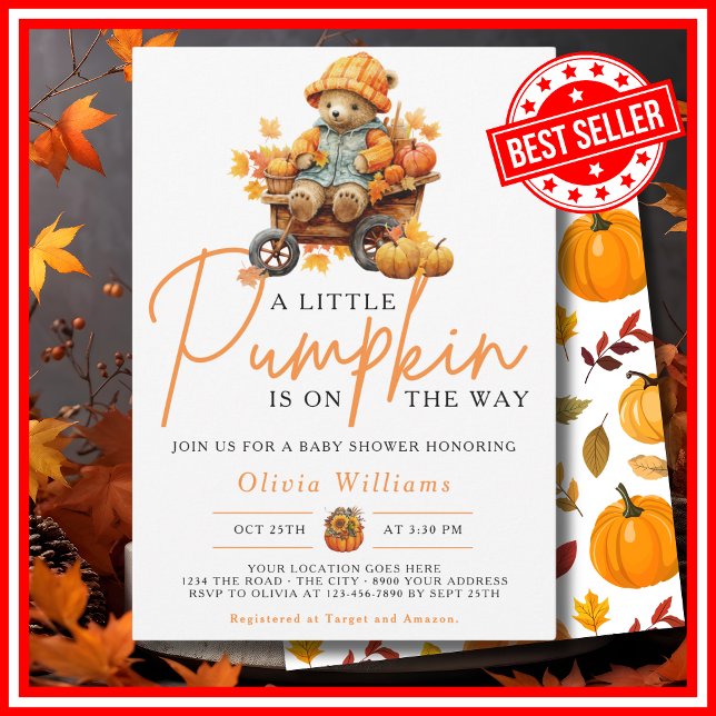 En liten pumpa höst höst SÖT BJÖRN Bebis badrum Inbjudningar (A Little Pumpkin is on the Way Fall Autumn CUTE BEAR Baby Shower Invitation)