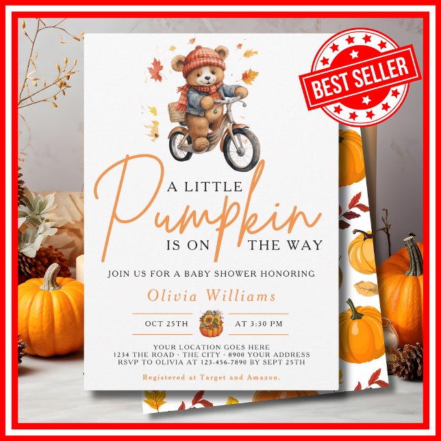 En liten pumpa höst höst SÖT BJÖRN Bebis badrum Inbjudningar (A Little Pumpkin is on the Way Fall Autumn CUTE BEAR Baby Shower Invitation)