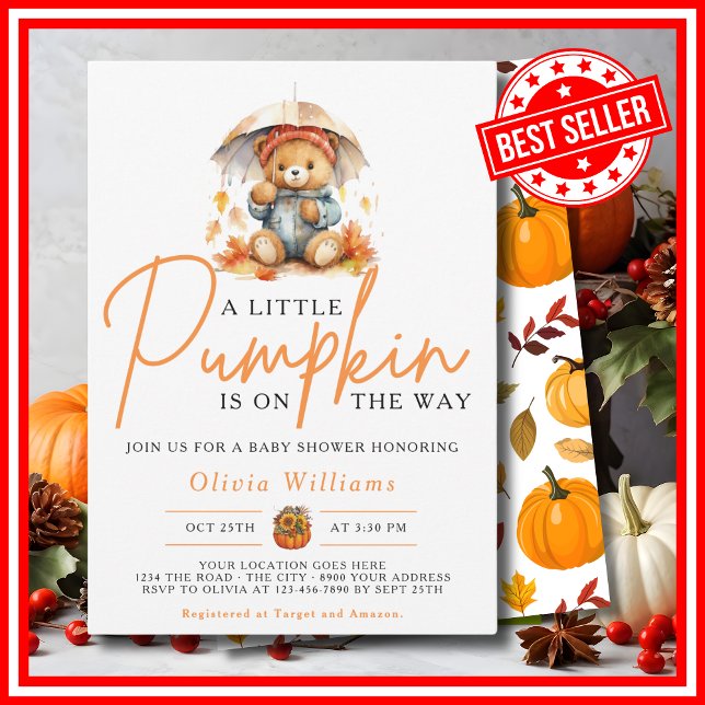En liten pumpa höst höst SÖT BJÖRN Bebis badrum Inbjudningar (A Little Pumpkin is on the Way Fall Autumn CUTE BEAR Baby Shower Invitation)