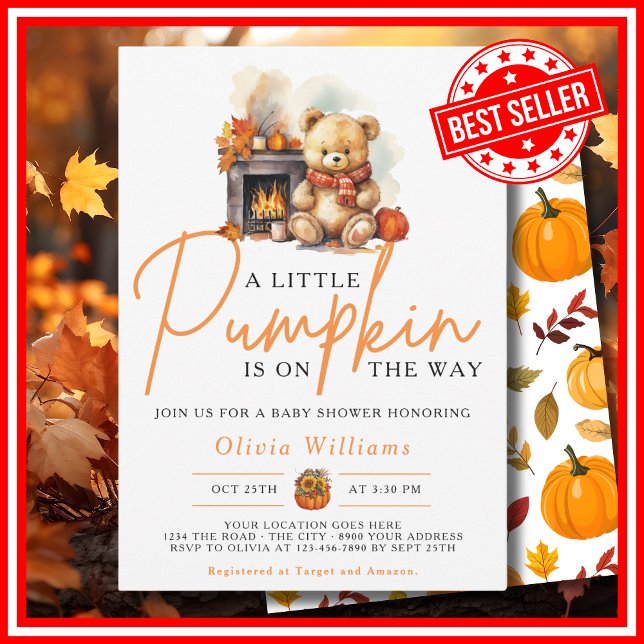 En liten pumpa höst höst SÖT BJÖRN Bebis badrum Inbjudningar (A Little Pumpkin is on the Way Fall Autumn CUTE BEAR Baby Shower Invitation)