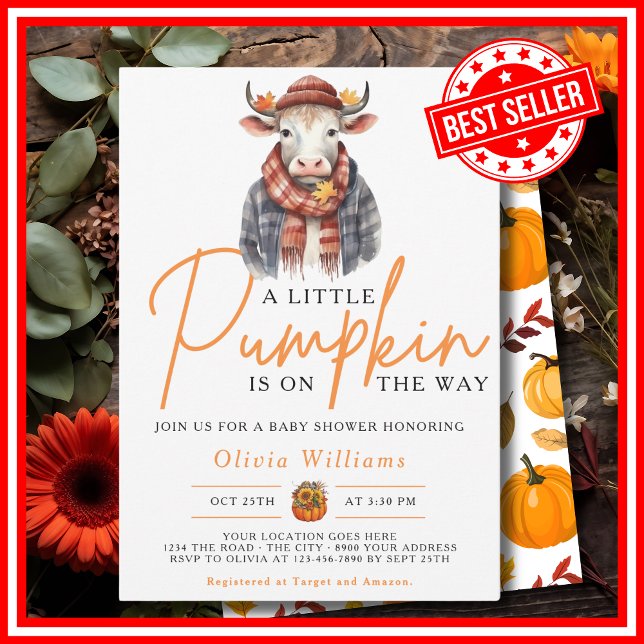 En liten pumpa Höst HÖST SÖT KO Bebis badrum Inbjudningar (A Little Pumpkin is on the Way Fall Autumn CUTE COW Baby Shower Invitation)
