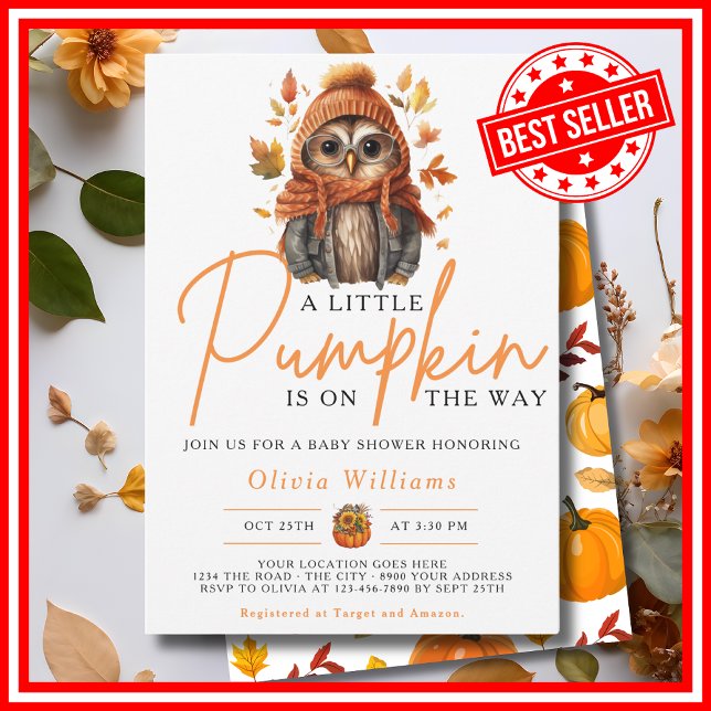 En liten pumpa höst höst SÖT UGGLA Baby Shower Inbjudningar (A Little Pumpkin is on the Way Fall Autumn CUTE OWL Baby Shower Invitation)