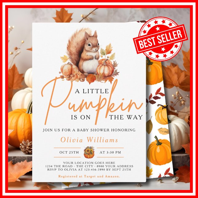 En liten pumpa höst höst SQUIRREL Baby Shower Inbjudningar (A Little Pumpkin is on the Way Fall Autumn Squirrel Baby Shower Invitation)