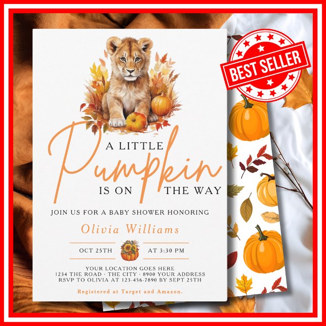 En liten pumpa Höst LION UNGUNG Babyshower Inbjudningar (A Little Pumpkin is on the Way Fall Autumn LION CUB Baby Shower Invitation)