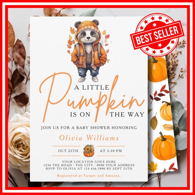 En liten pumpa höst PANDA Bebis firande Inbjudningar (A Little Pumpkin is on the Way Fall Autumn CUTE PANDA Baby Shower Invitation)