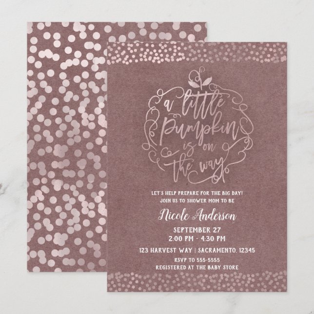 En liten pumpa höst rustik rosé guld baby shower inbjudningar (Fram/baksida)
