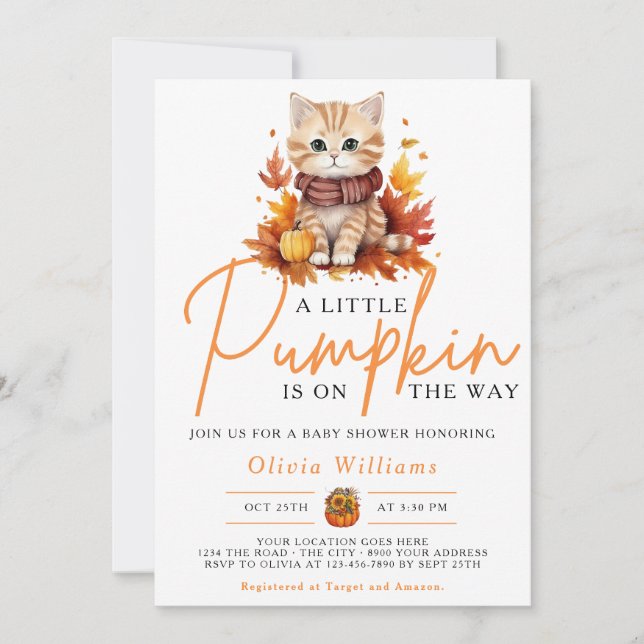 En liten pumpa Höst Trädkatt Baby Shower Inbjudningar (Framsida)