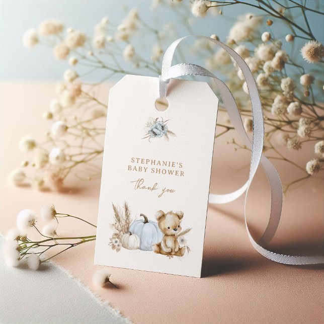 En liten pumpa höstblå Gingham Babyfirande Presentetikett (A Little Pumpkin Blue Gingham Gift Tag)