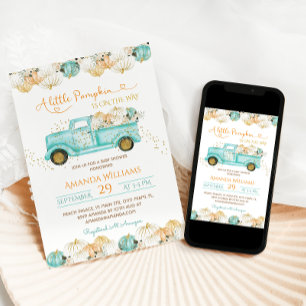 En liten pumpa lastbil baby shower grön  inbjudningar