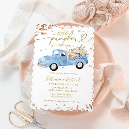 En liten pumpa pojke baby shower blå lastbil inbjudningar