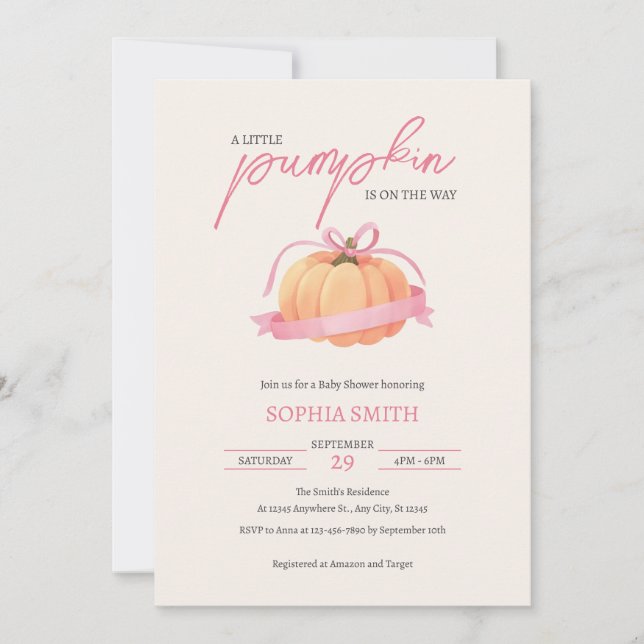 En liten pumpa rosa båge band baby shower inbjudningar (Framsida)