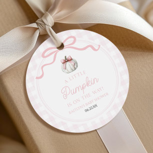En liten pumpa rosa båge höst baby shower gåvor etiketter