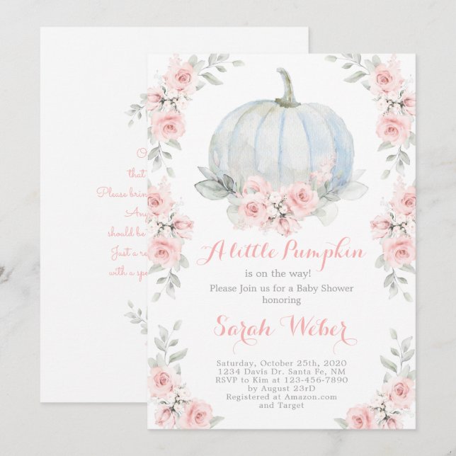 En liten pumpa rosa faller en liten duschflicka inbjudningar (Fram/baksida)