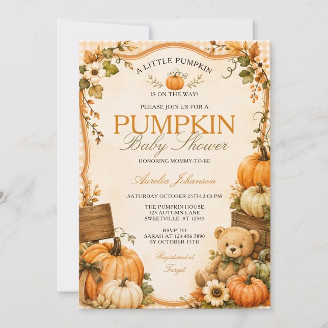 En liten pumpabarnvakt höst höstblomma inbjudningar (Framsida)