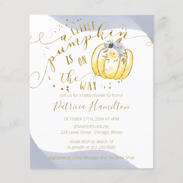 En liten pumpabudget Baby Shower-inbjudan (Framsida)
