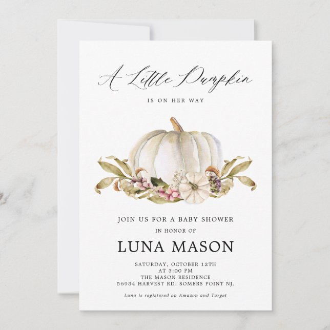 En liten Pumpkin är hennes sätt att bjuda på babys Inbjudningar (Framsida)