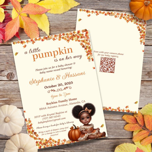 En liten Pumpkin är på hennes väg Afro Puff Flicka Inbjudningar (Celebrate your little pumpkin's arrival with this sweet Afro puff baby girl baby shower invitation!)