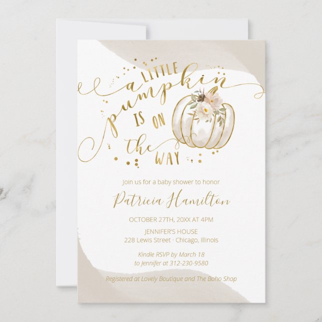 En liten Pumpkin är på väg att Elegant babyskor Inbjudningar (Framsida)