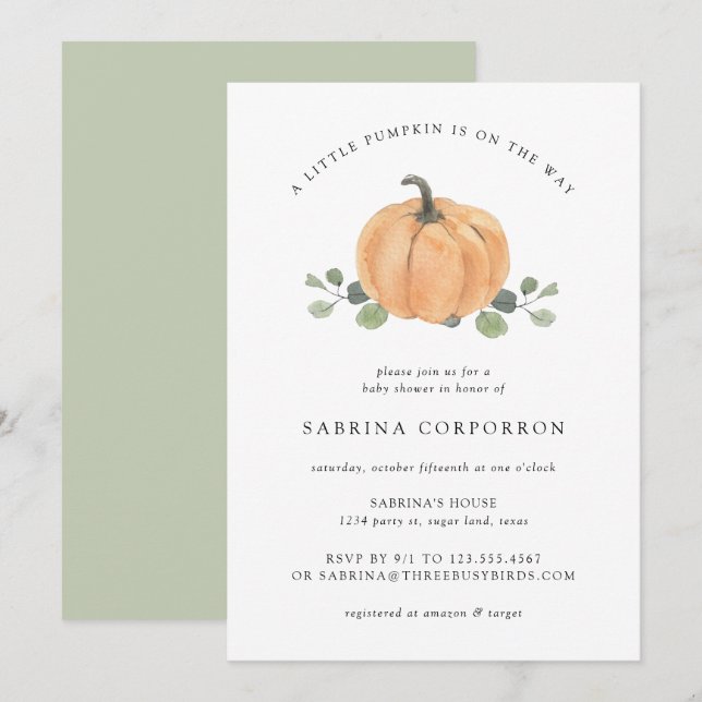 En liten Pumpkin är på väg mot färgen Fall Waterco Inbjudningar (Fram/baksida)