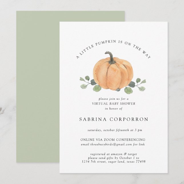 En liten Pumpkin är på väg mot Virtuell vattenfärg Inbjudningar (Fram/baksida)