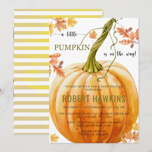 En liten Pumpkin är på vägen till babyduschen Inbjudningar (Fram/baksida)