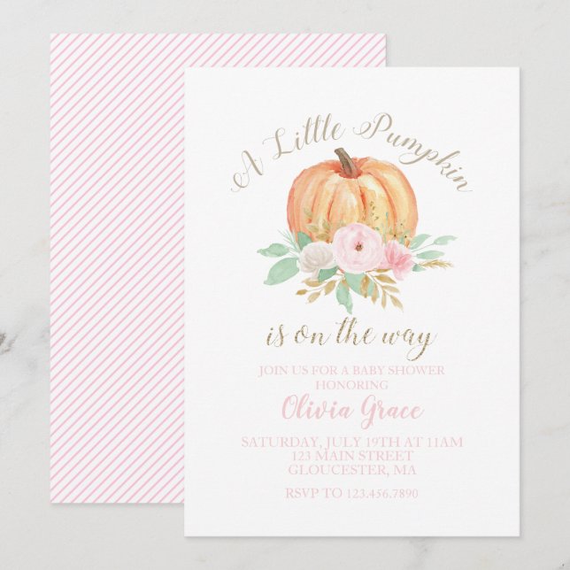 En liten Pumpkin Baby Shower blommigt rosa rand Inbjudningar (Fram/baksida)