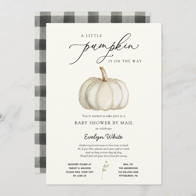 En liten Pumpkin Baby Shower by Mail-inbjudan Inbjudningar (Fram/baksida)