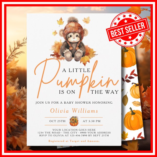En liten pumpkin-blomma hösthösten, babyskor inbjudningar (A Little Pumpkin is on the Way Fall Autumn CUTE MONKEY Baby Shower Invitation)