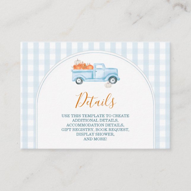 En liten pumpkin Blue Lastbil Baby Shower Detalj Tilläggskort (Framsida)