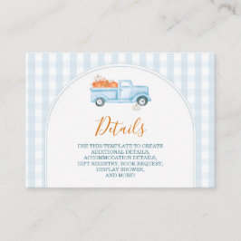 En liten pumpkin Blue Lastbil Baby Shower Detalj Tilläggskort